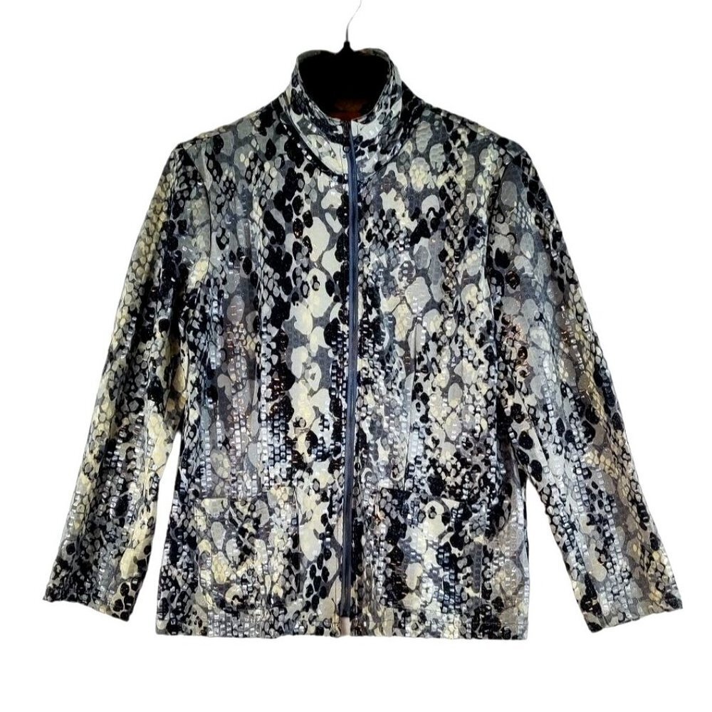 Jacket Faux Snake Skin Pattern Shinny Zipper Gunmetal Sequined Ruby Red